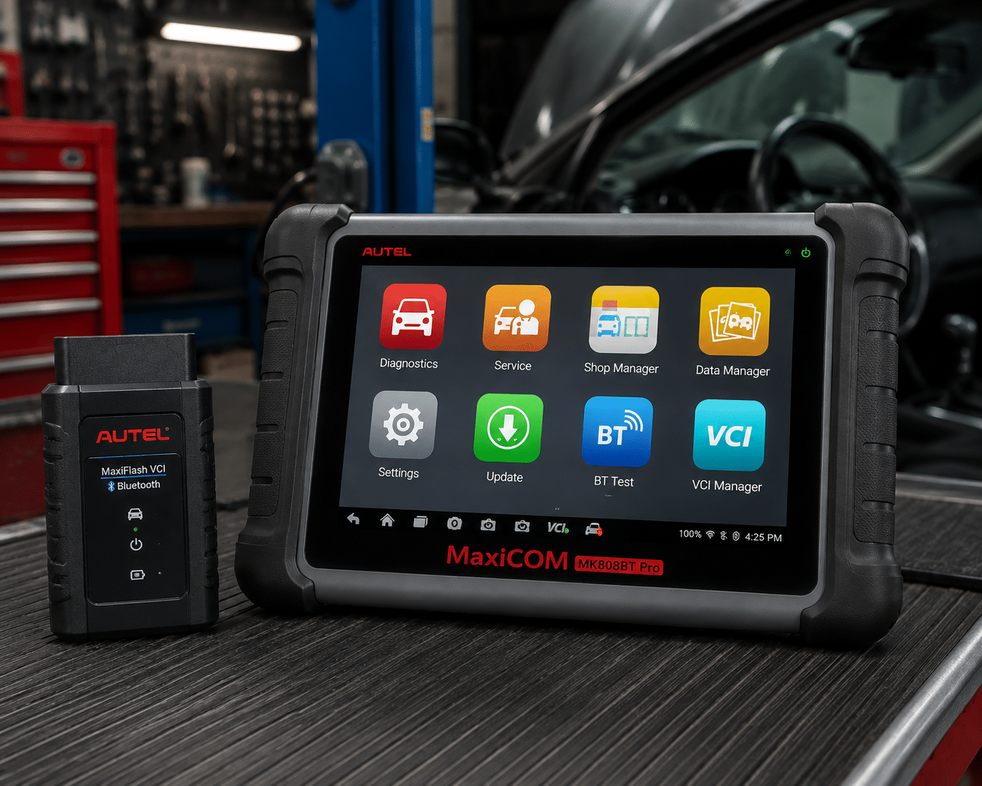 Autel MaxiCOM MK808BT Pro tablet scanner with its MaxiFlash VCI Bluetooth adapter