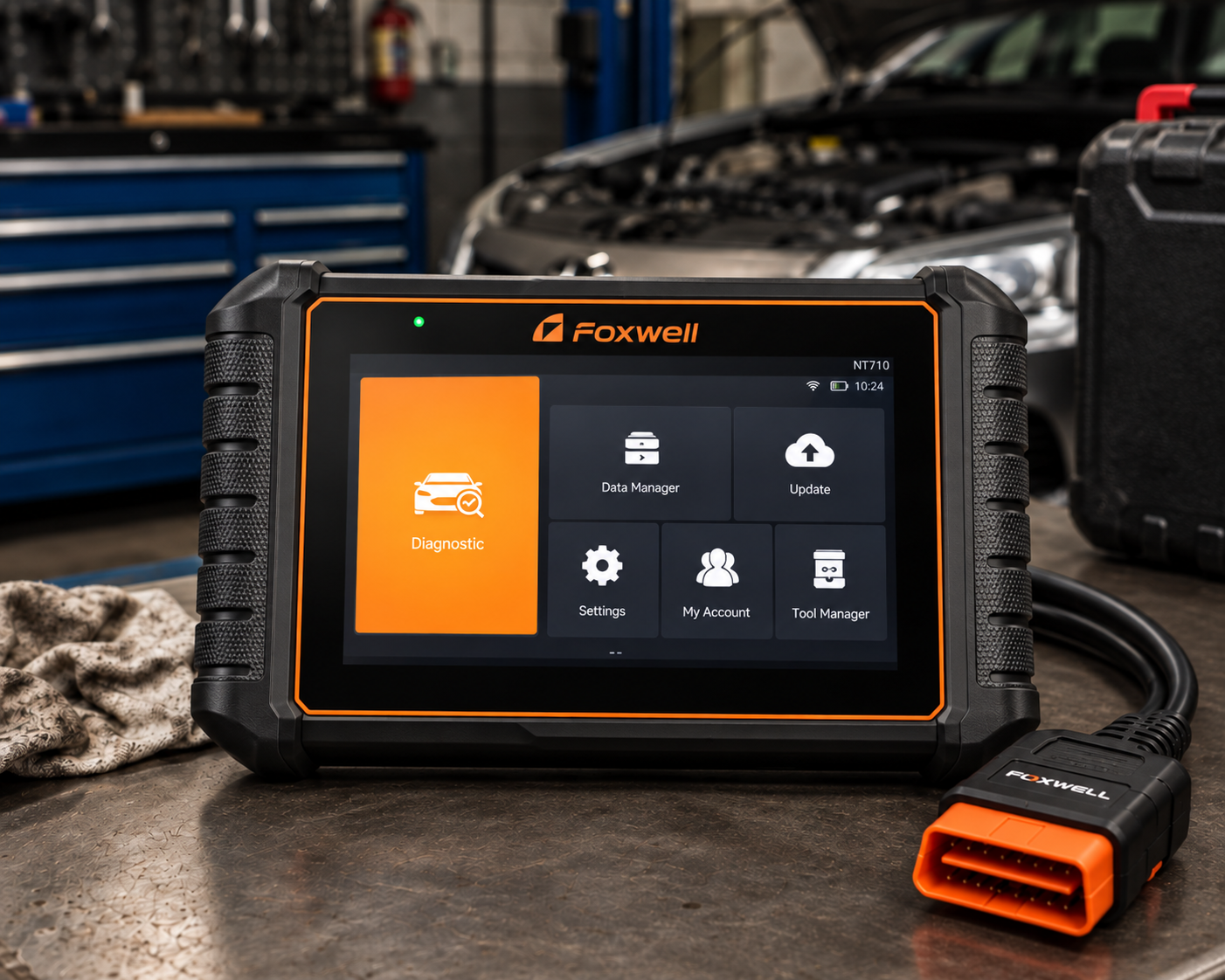 Foxwell NT710 touchscreen automotive diagnostic scanner with OBD2 cable in a repair workshop