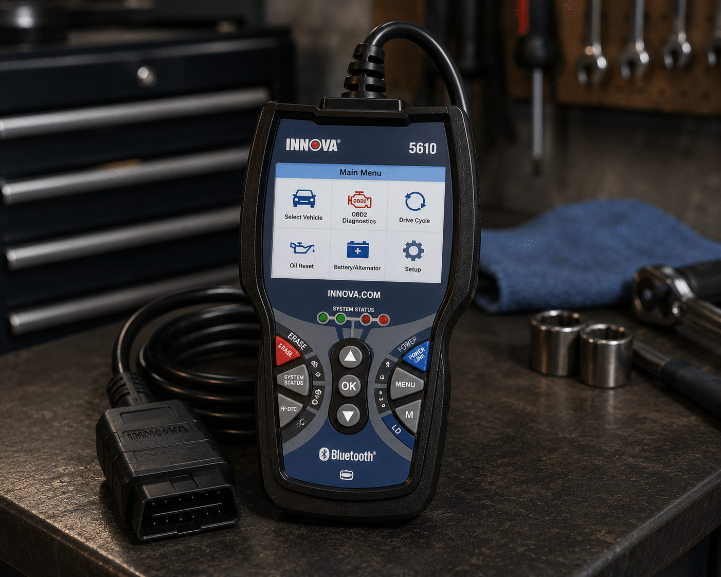 Innova 5610 handheld OBD2 scanner with its coiled cable on a workbench