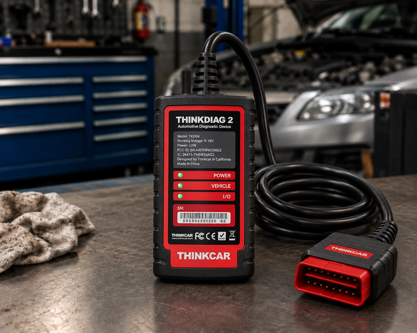 THINKCAR THINKDIAG 2 OBD2 diagnostic scanner with cable and connector on an automotive workshop bench