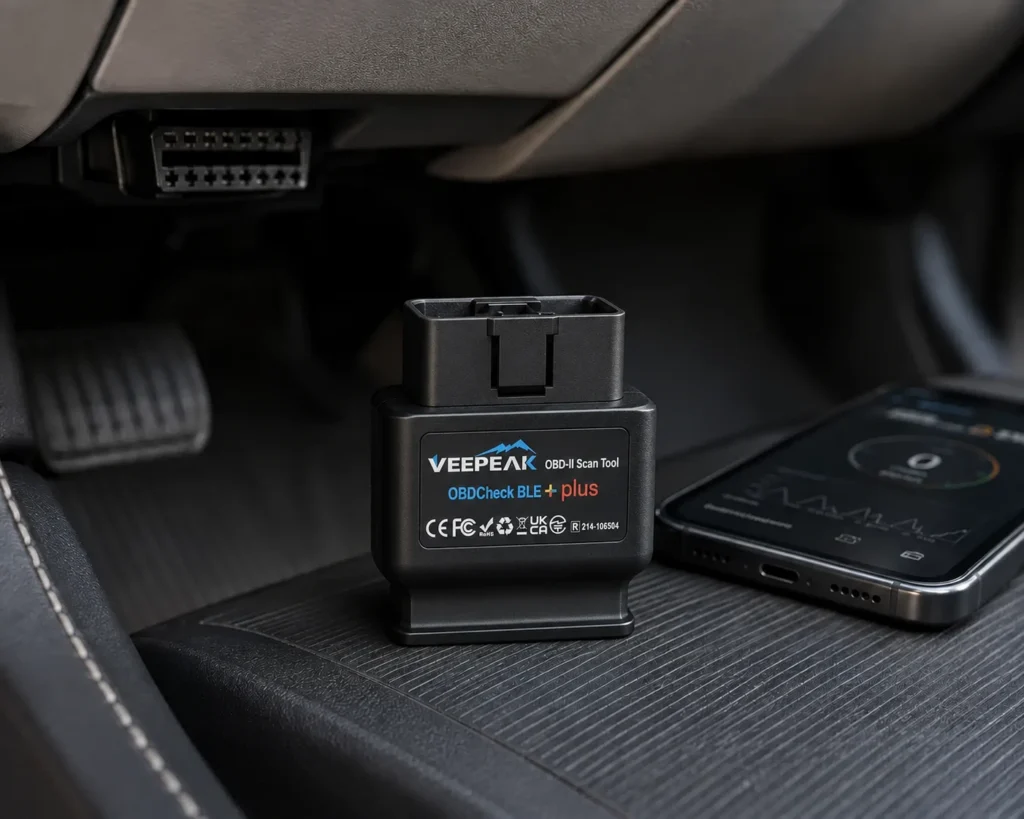Veepeak OBDCheck BLE+ Plus Bluetooth OBD2 adapter plugged into a vehicle next to a phone