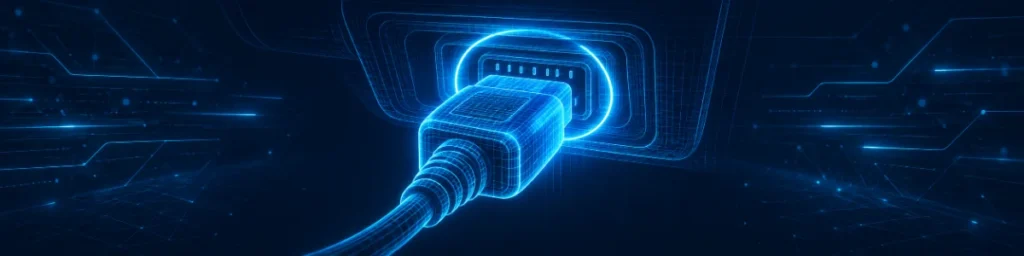 Glowing blue holographic OBD2 connector plugged into a car diagnostic port with a protective illuminated ring