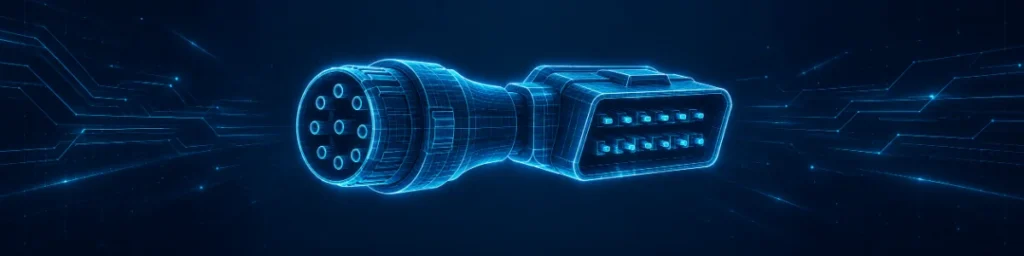 Glowing blue holographic older round diagnostic connector joined to a modern OBD2 connector