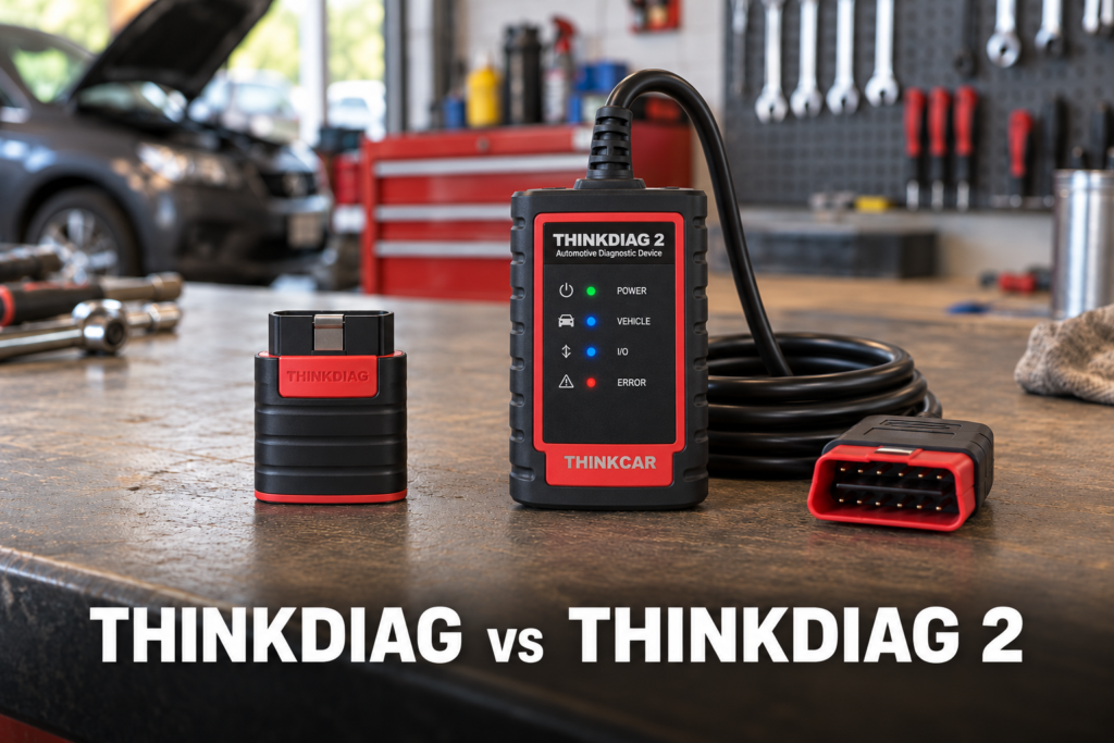 THINKDIAG and THINKDIAG 2 OBD2 diagnostic devices compared side by side on a workshop bench
