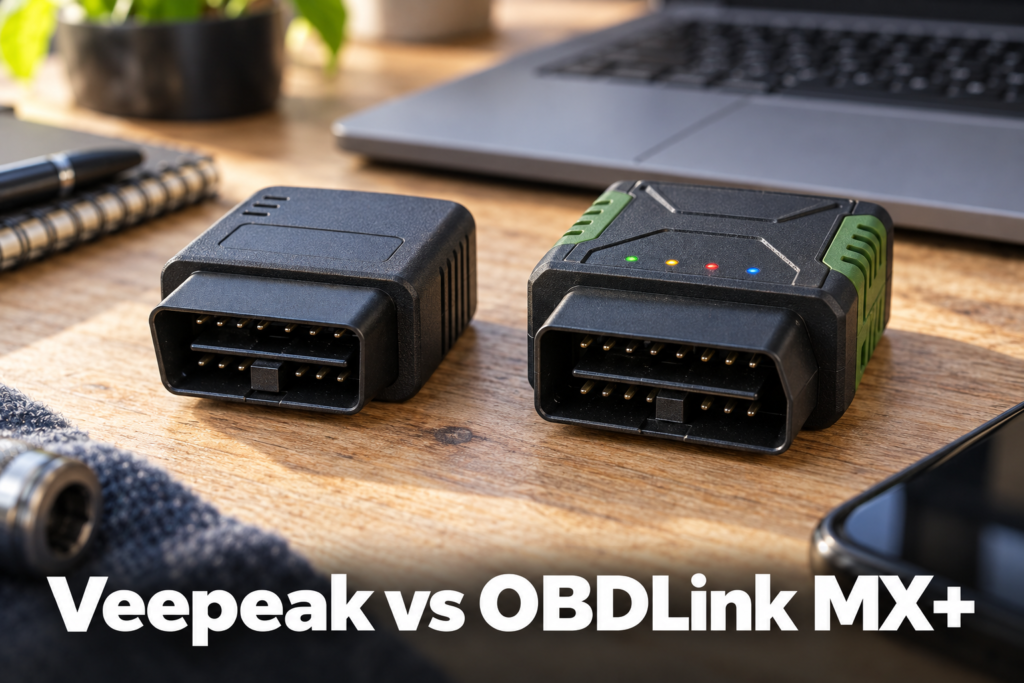 Veepeak OBDCheck BLE+ Plus and OBDLink MX+ Bluetooth OBD2 adapters compared side by side on a light wood workbench