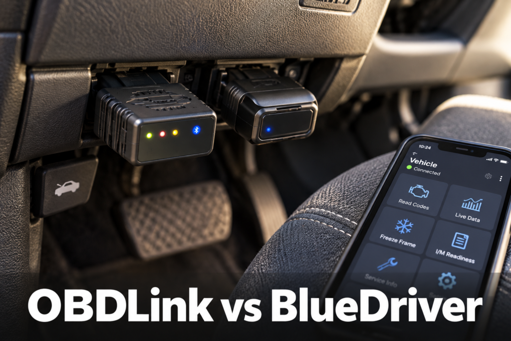 OBDLink MX+ vs BlueDriver Bluetooth OBD2 adapters with smartphone diagnostic app