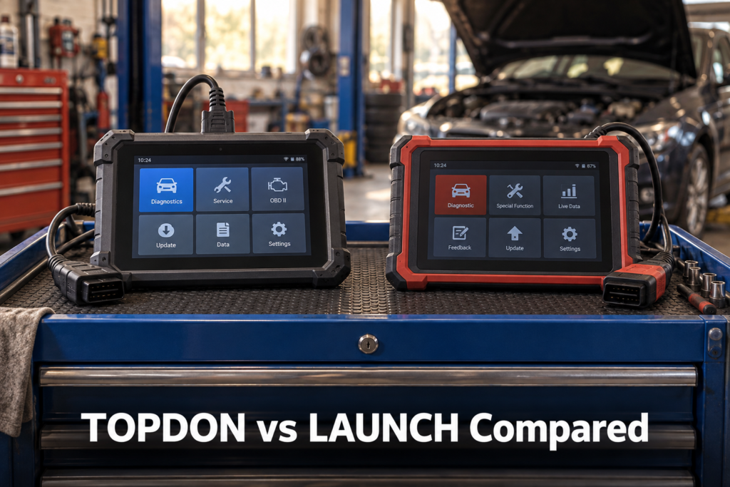 TOPDON and LAUNCH diagnostic tablets side by side on a mechanics tool cart in an automotive workshop