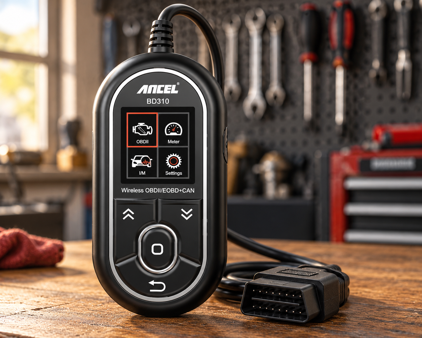 ANCEL BD310 wireless OBD2 diagnostic scanner with cable and connector in a professional automotive workshop