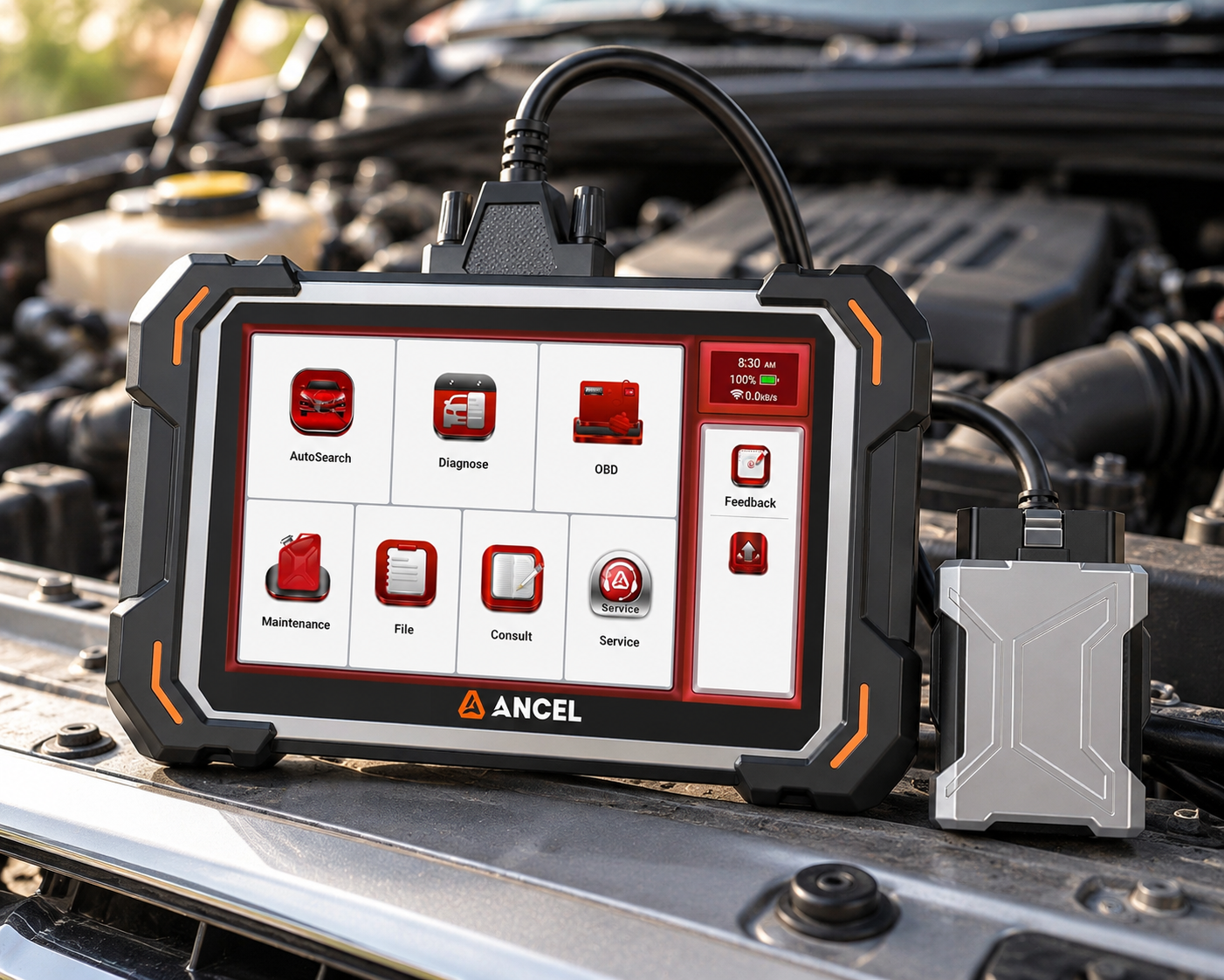 ANCEL DS500BT bidirectional diagnostic tablet with VCI in an open vehicle engine bay