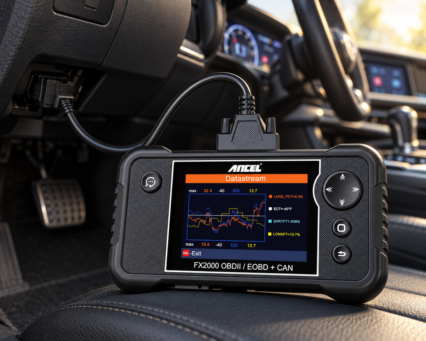 ANCEL FX2000 OBD2 diagnostic scanner connected beneath the dashboard in a vehicle interior