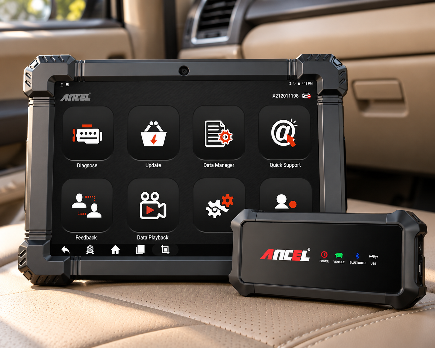 ANCEL X7HD heavy-duty diagnostic tablet with wireless VCI inside a beige vehicle interior