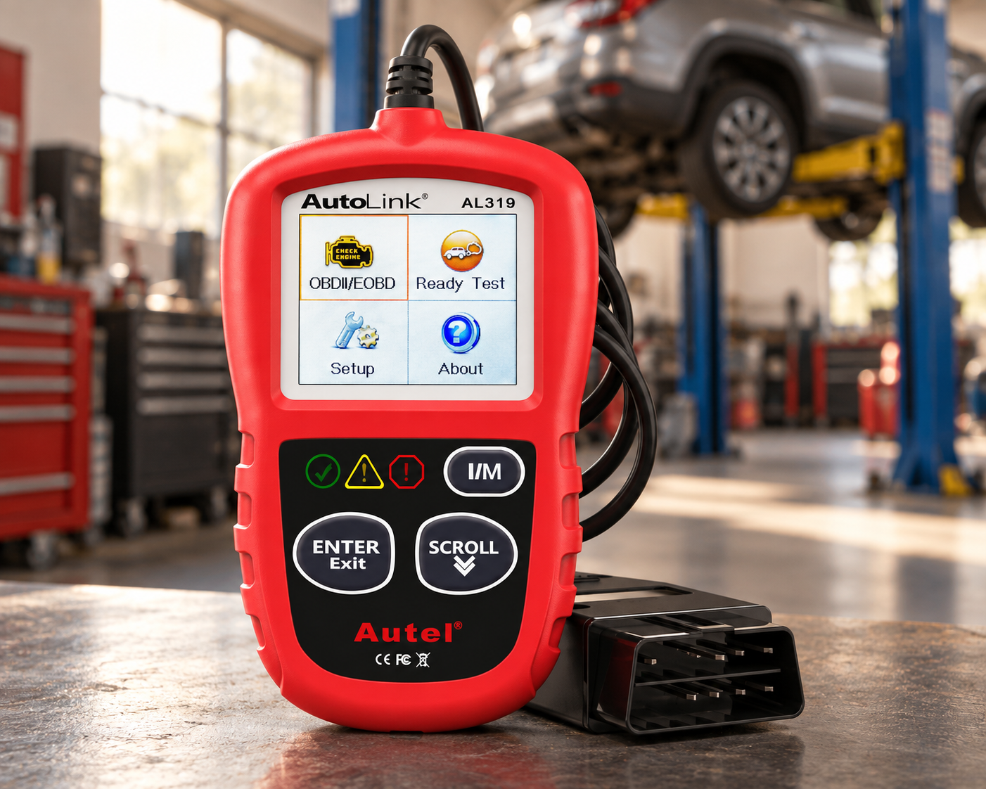 Autel AutoLink AL319 OBD2 code reader with connector in an automotive repair garage