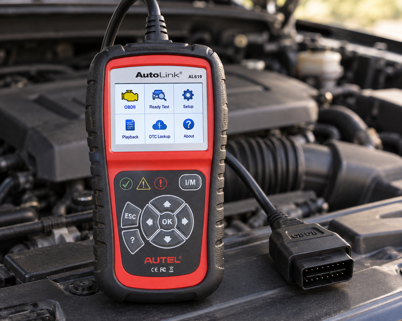 Autel AutoLink AL619 OBD2 scanner with ABS and SRS diagnostics in a pickup truck engine bay