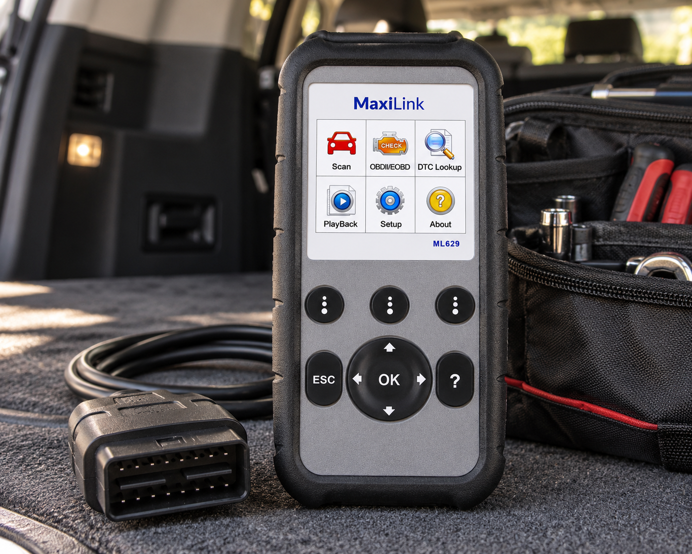 Autel ML629 OBD2 diagnostic scanner in an SUV cargo area with tool organizer and OBD cable