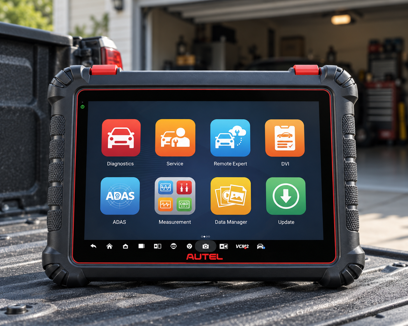 Autel MaxiCOM MK900-TS diagnostic scanner on a pickup tailgate in a residential garage setting