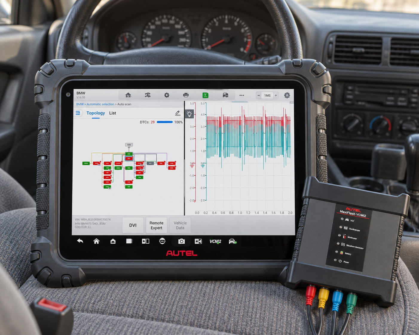 Autel MaxiSys MS919 S2 diagnostic tablet inside a vehicle with gray interior and analog dashboard