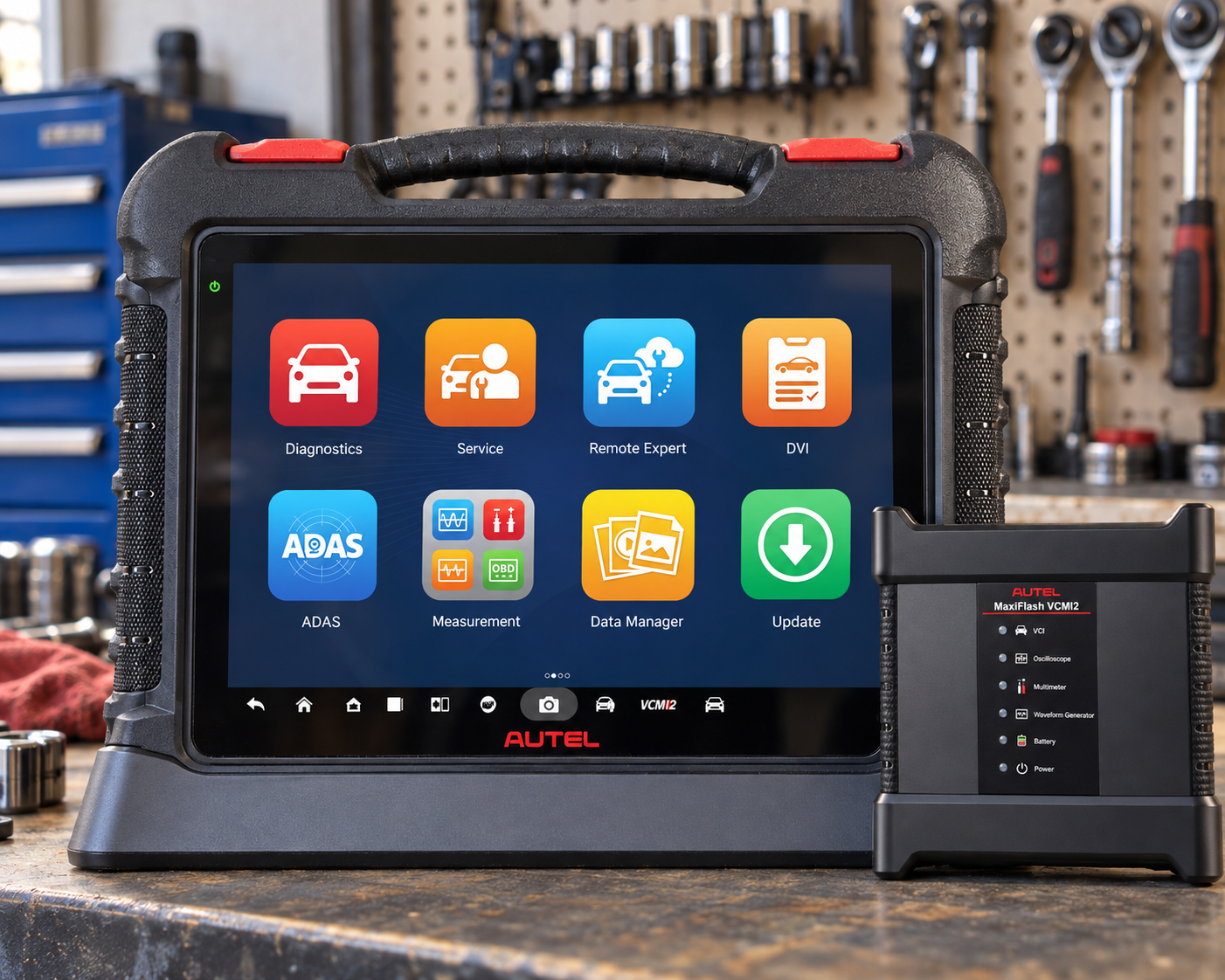 Autel MaxiSys Ultra S2 professional diagnostic tablet on a workshop bench with tools in the background