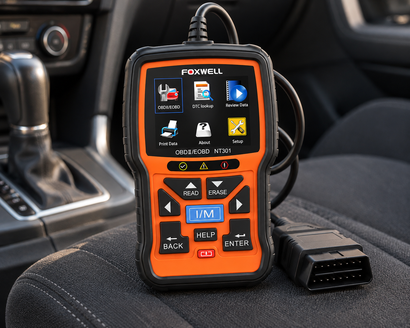 Foxwell NT301 OBD2 code reader with diagnostic cable inside a vehicle interior