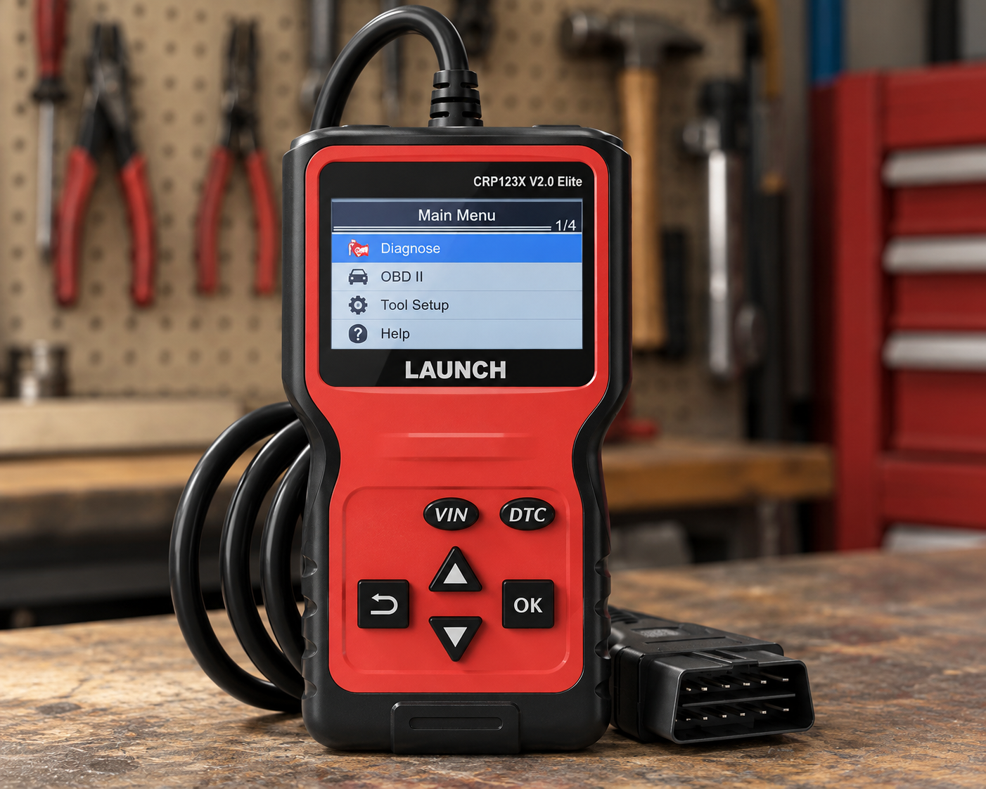 LAUNCH CRP123X V2.0 Elite OBD2 diagnostic scanner on a workshop bench with tools in the background