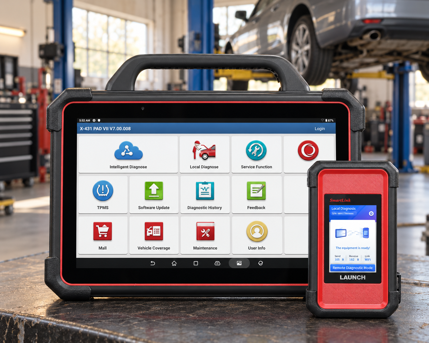 LAUNCH X431 PAD VII Elite diagnostic tablet with SmartLink VCI in a professional automotive workshop
