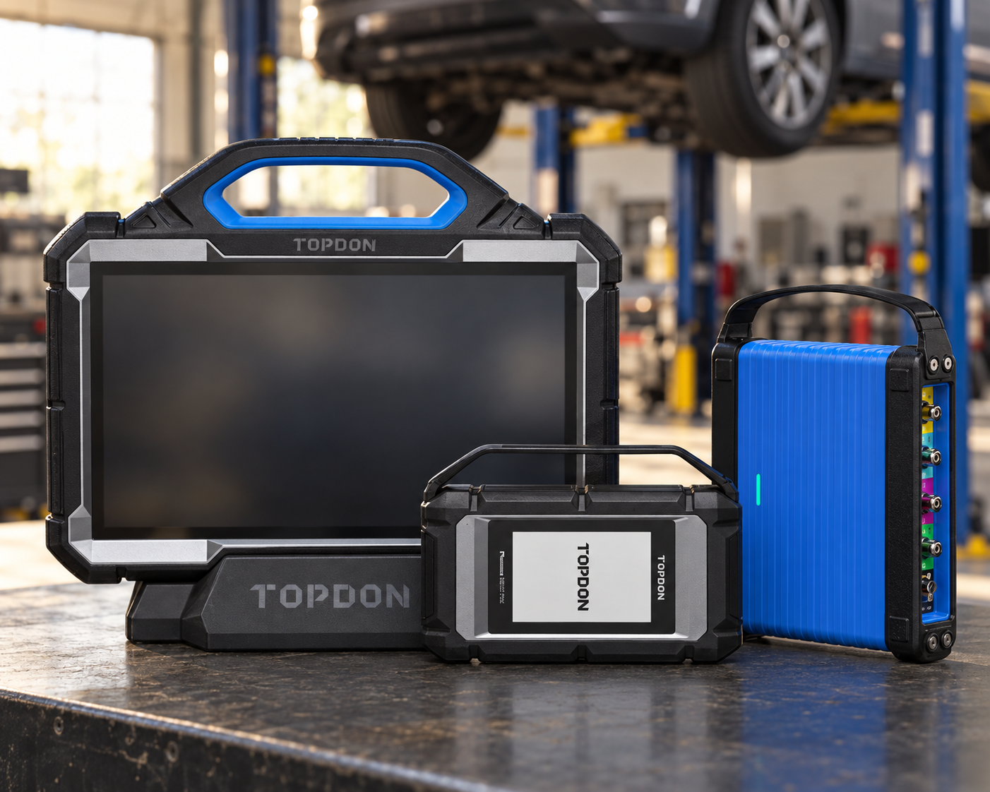 TOPDON Phoenix Max diagnostic tablet with oscilloscope kit in a professional automotive workshop