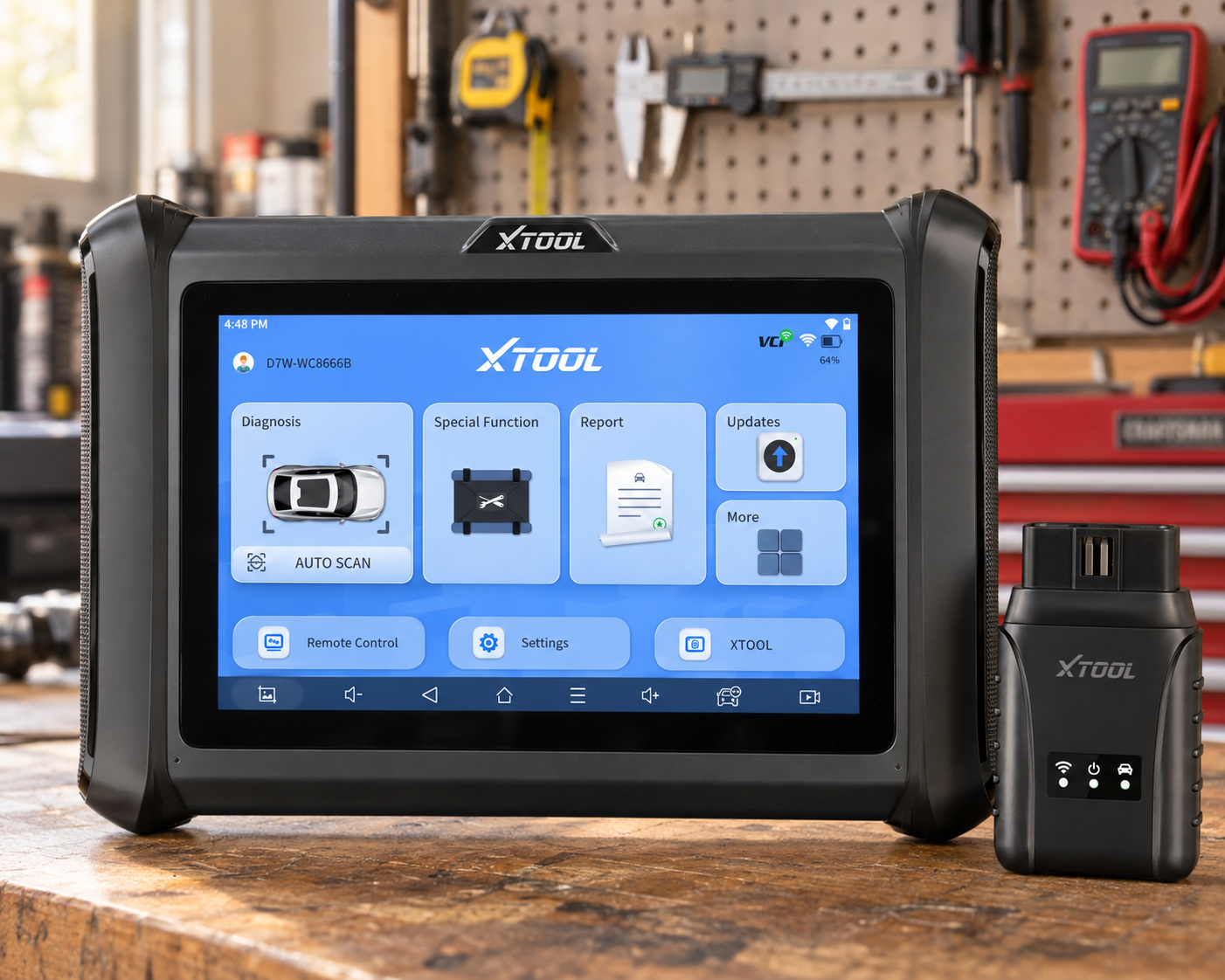 XTOOL D7W wireless diagnostic tablet with VCI dongle on a workshop bench with measuring tools
