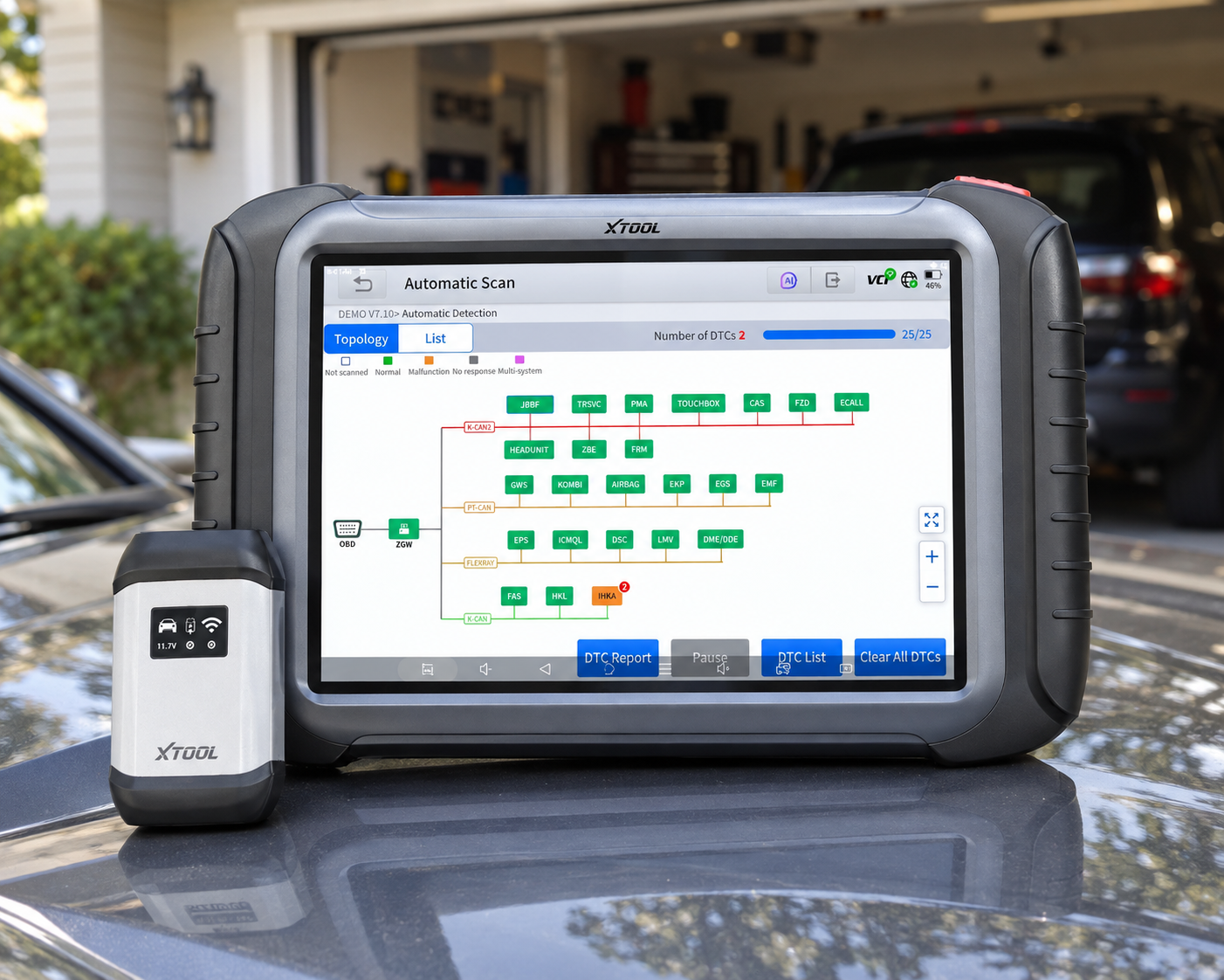 XTOOL D8S diagnostic tablet on an SUV hood in a residential driveway