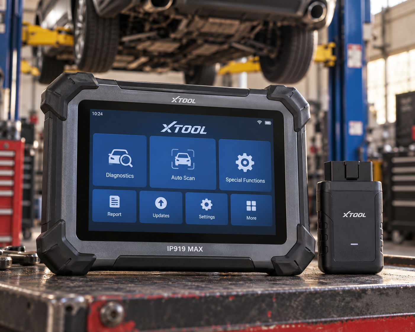 XTOOL IP919 MAX diagnostic tablet with VCI in a professional automotive workshop