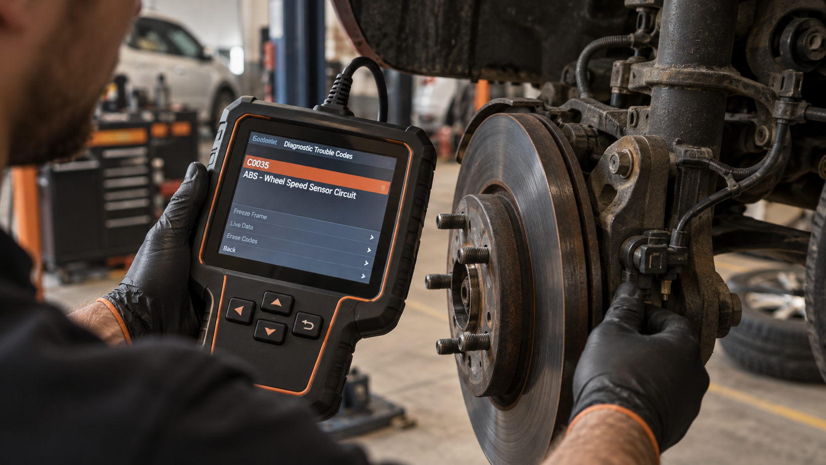 Technician using a diagnostic scanner showing an ABS wheel speed sensor circuit fault beside the vehicle's brake and sensor area.