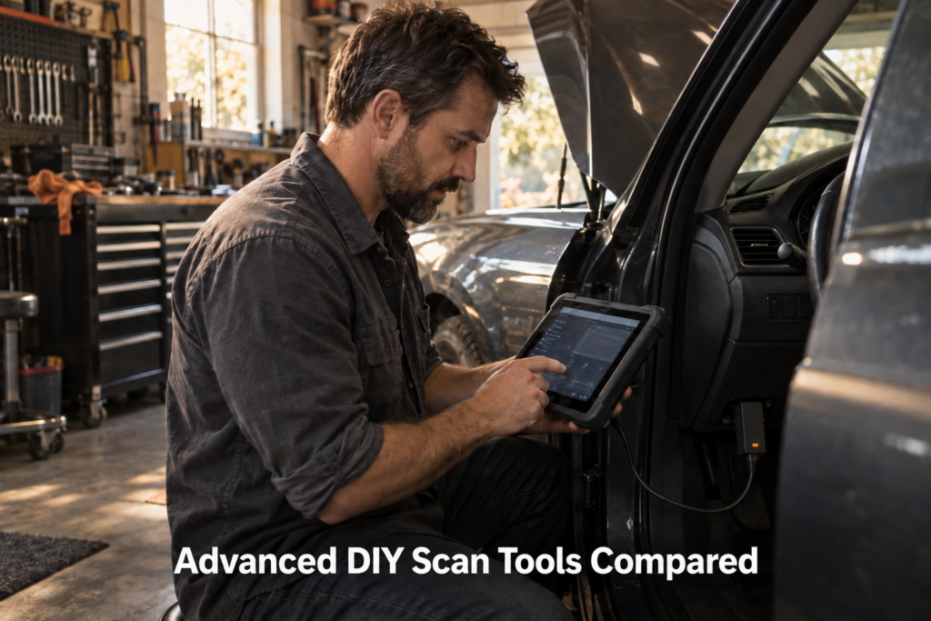 Home mechanic using an advanced tablet-style OBD2 scanner connected to a vehicle in a well-organized garage.