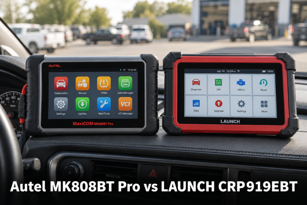 Autel MK808BT Pro and LAUNCH CRP919EBT diagnostic tablets compared side by side inside a vehicle