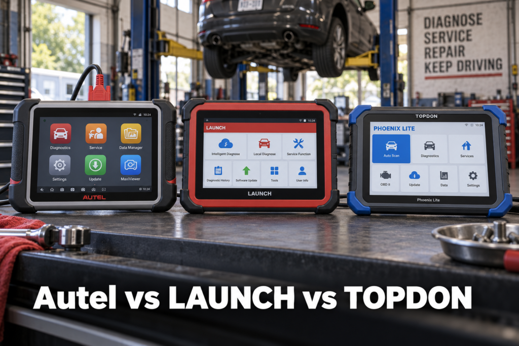 Autel, LAUNCH and TOPDON diagnostic scanners compared side by side in a professional repair shop