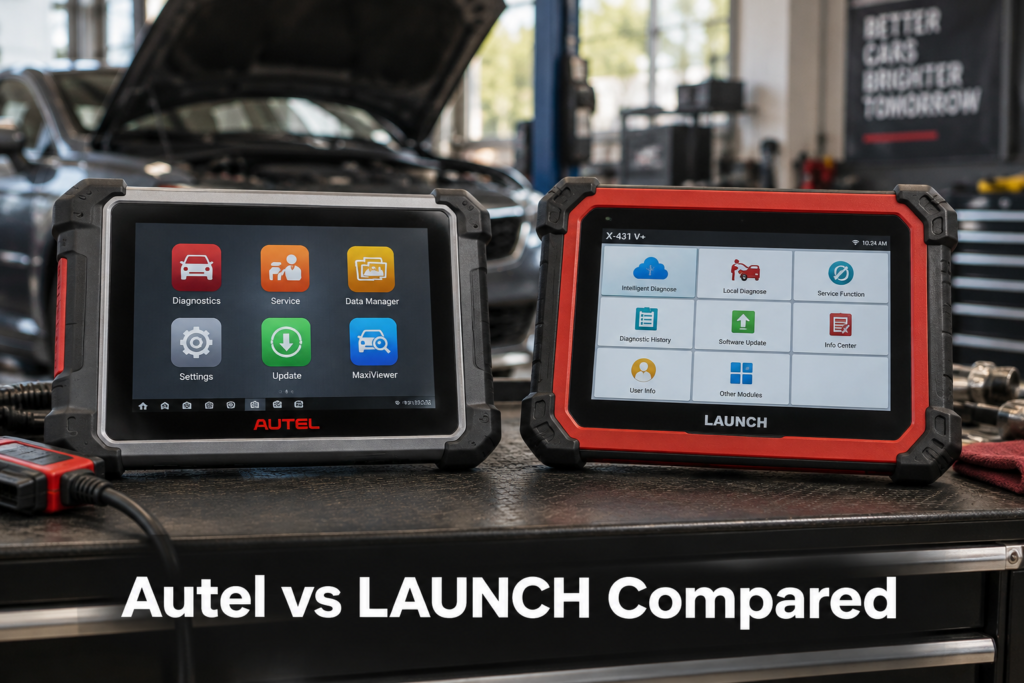 Autel and LAUNCH diagnostic tablets compared side by side in a professional automotive workshop