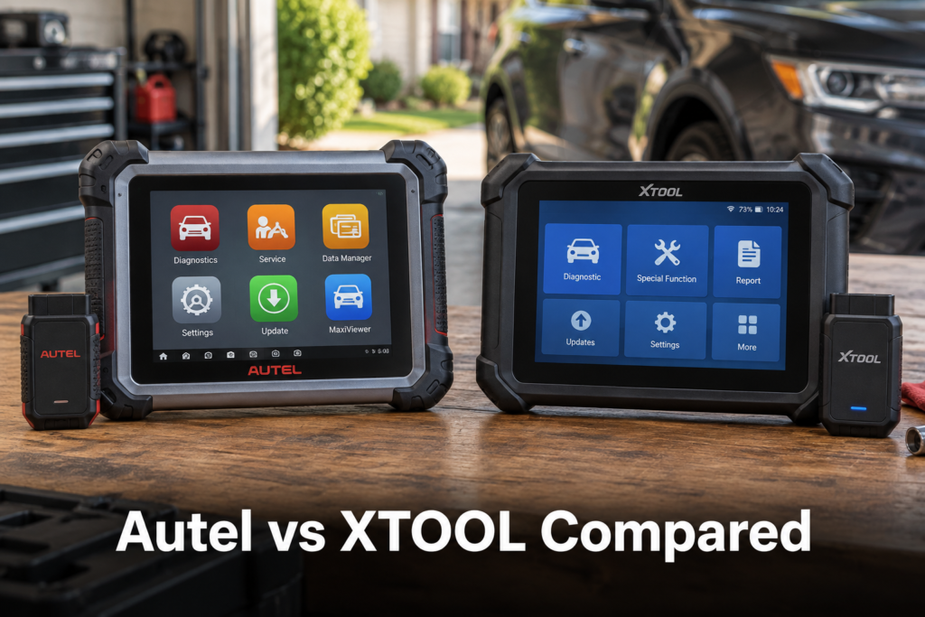 Autel and XTOOL diagnostic tablets with VCI adapters compared side by side in a home garage setting
