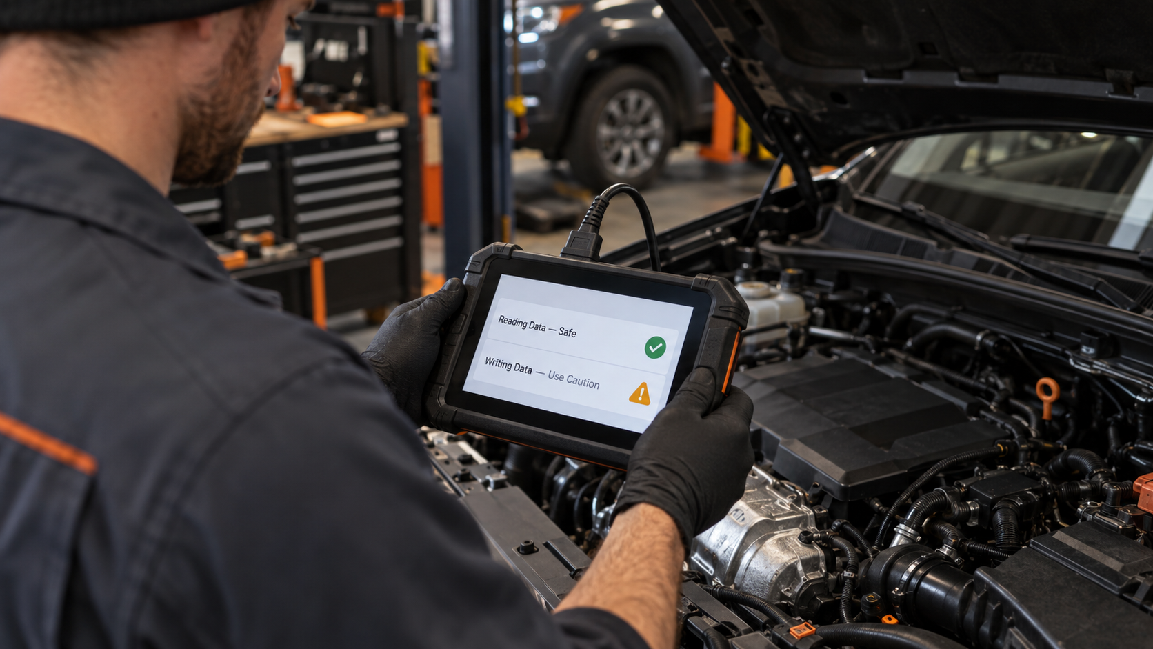 Diagnostic tablet showing reading data as safe and writing data as requiring caution beside an open engine bay.