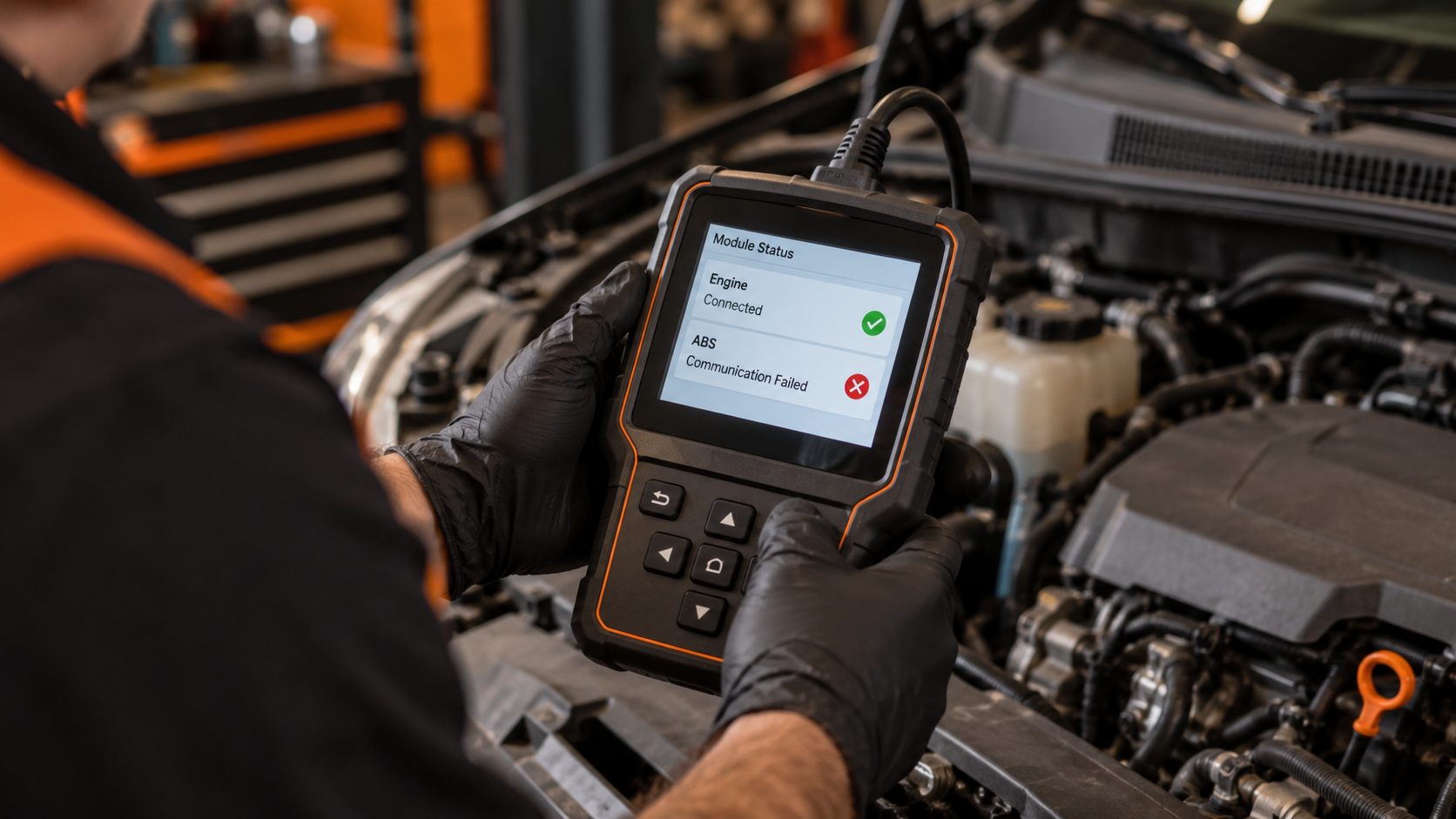 Diagnostic scanner showing engine connected successfully while ABS communication has failed during vehicle diagnostics.