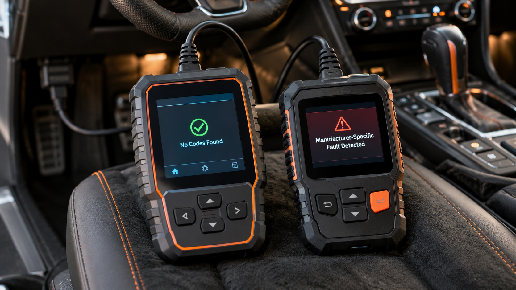 Two OBD2 scanners in the same vehicle, one showing no codes found and the other a manufacturer-specific fault.