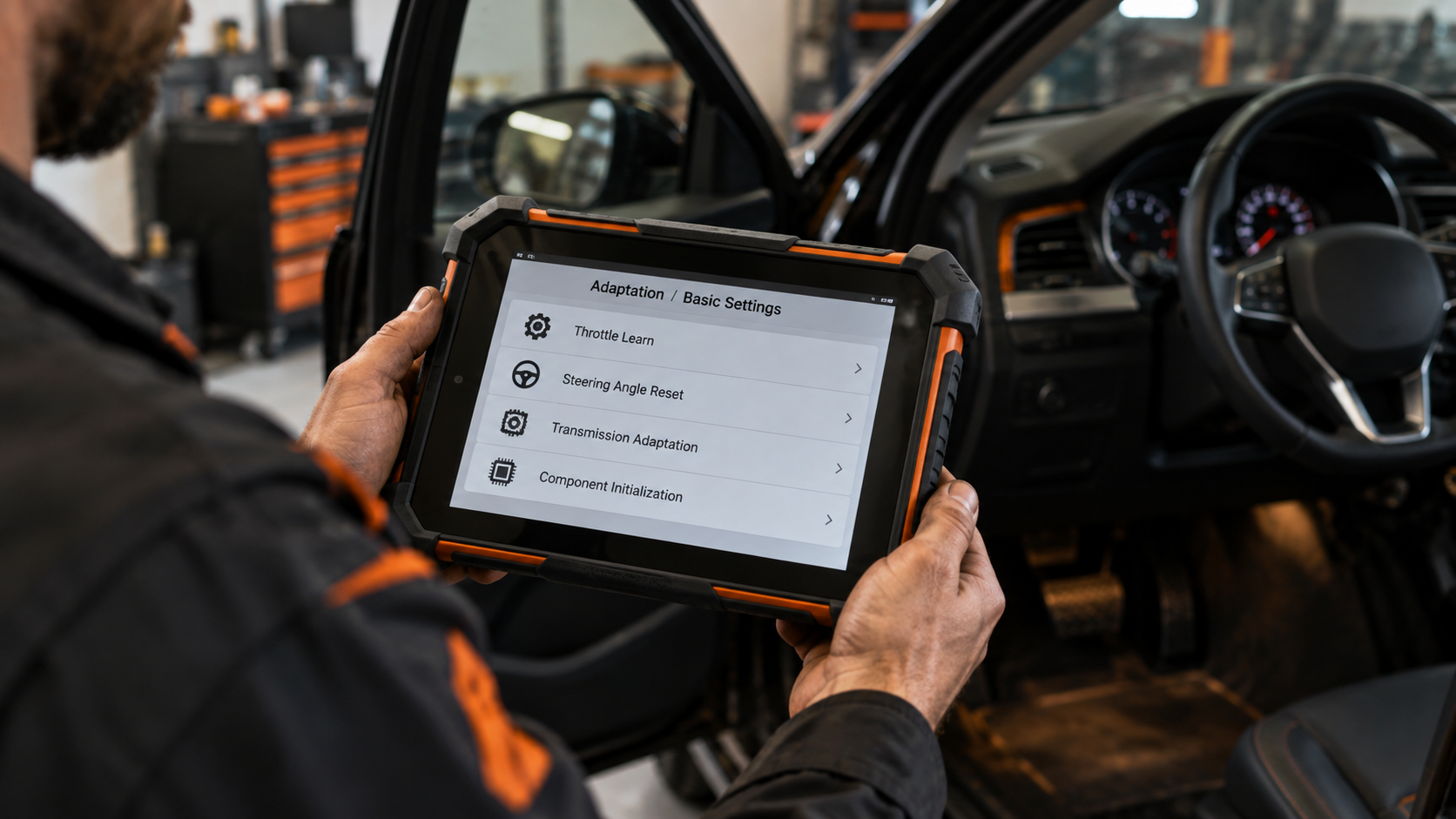 Diagnostic tablet displaying adaptation and basic settings options, including throttle learn and steering angle reset.