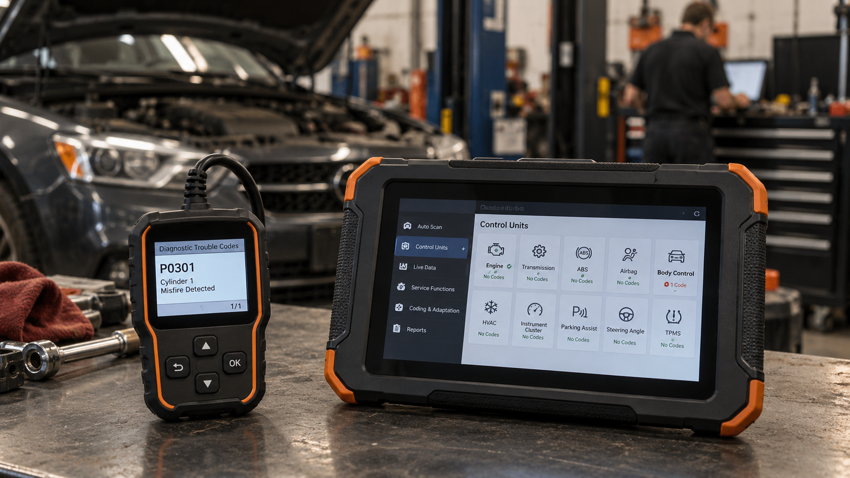Basic code reader and professional diagnostic tablet displayed side by side to compare diagnostic capabilities.
