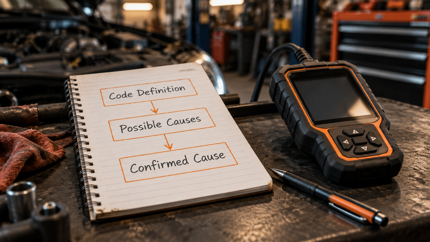 Workshop notepad showing the diagnostic process from code definition to possible causes and confirmed cause beside an OBD2 scanner.