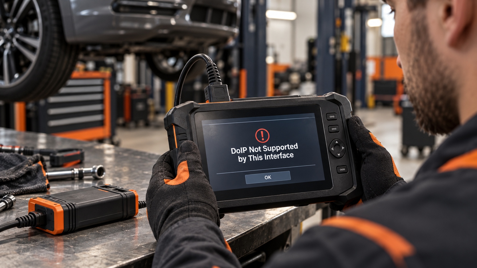 Technician holding a diagnostic scanner displaying a DoIP not supported by this interface warning beside a vehicle interface box.