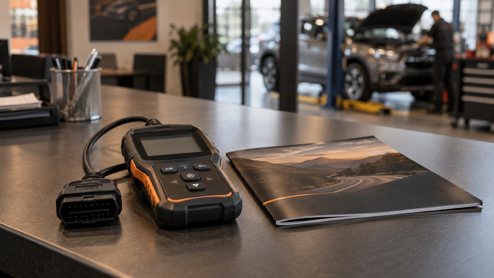 OBD2 scanner resting beside a vehicle warranty booklet on a dealership service counter.