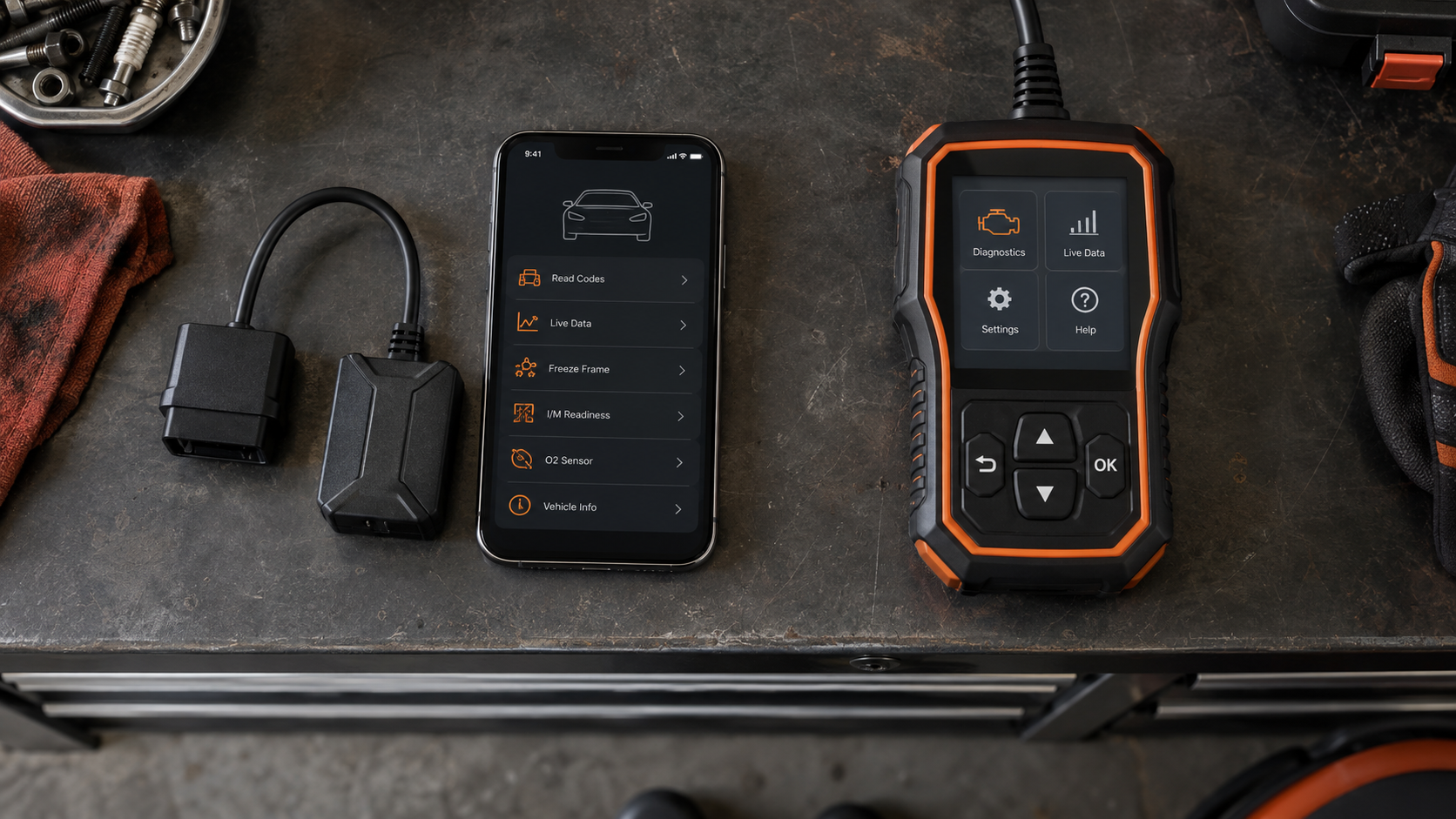 Bluetooth OBD2 dongle with smartphone and standalone handheld scanner displayed side by side on a garage workbench.
