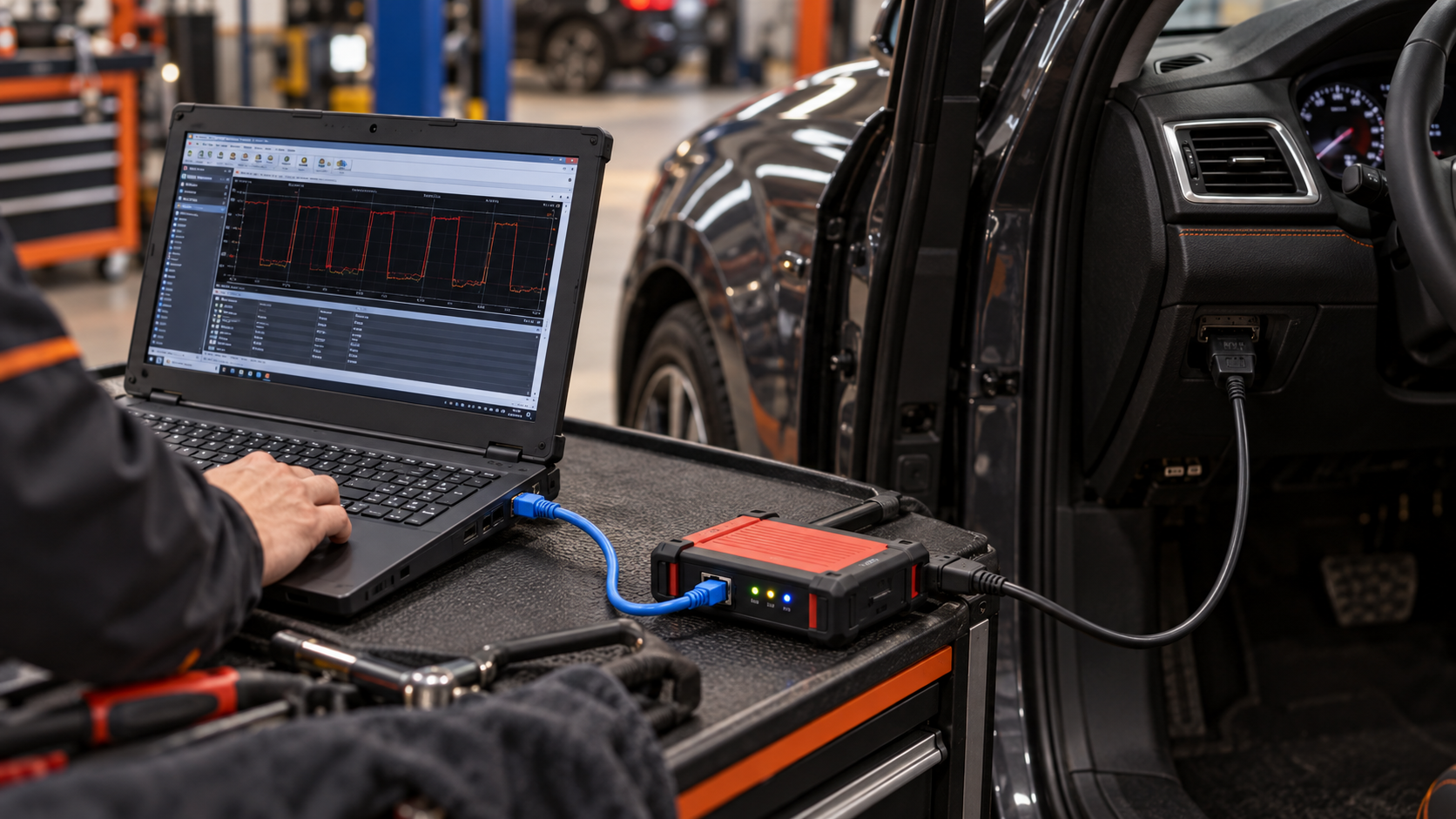 Diagnostic laptop connected by Ethernet to a vehicle interface box and car diagnostic port in a workshop.