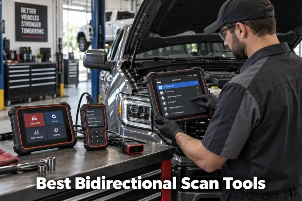 Professional technician using a bidirectional scan tool beside a vehicle, with diagnostic scanners displayed in a workshop.