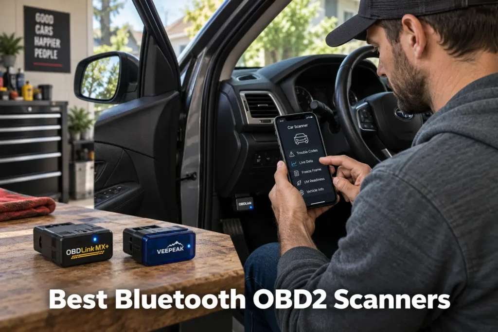 Driver using a smartphone with a Bluetooth OBD2 scanner connected to a vehicle, with wireless diagnostic adapters displayed on a workbench.