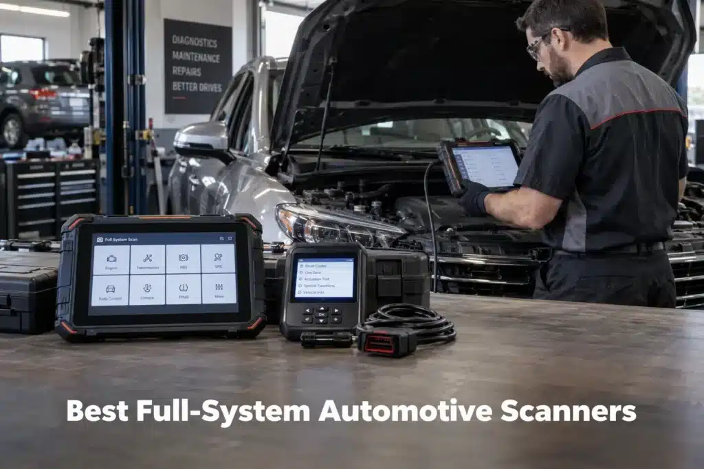 Professional technician using a full-system automotive scanner beside a vehicle with advanced diagnostic tools displayed on a workbench.