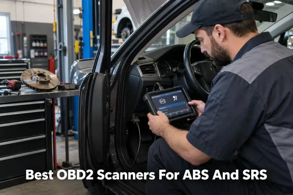 Mechanic using an OBD2 diagnostic tablet to check ABS and SRS systems inside a vehicle in a professional workshop.