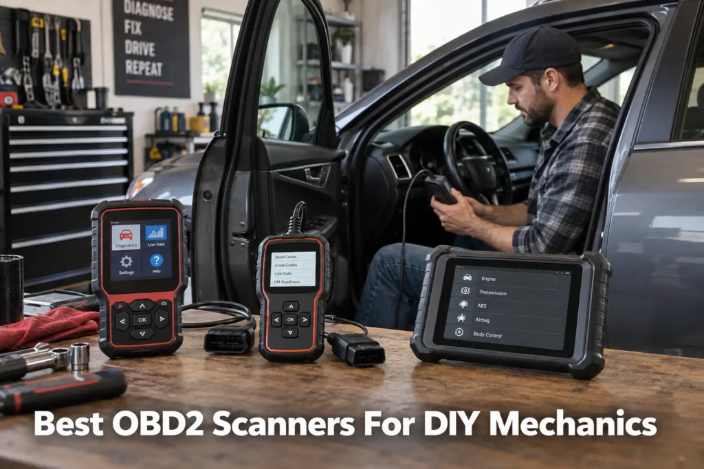 DIY mechanic using an OBD2 scanner in a home garage with several diagnostic tools arranged on a workbench.