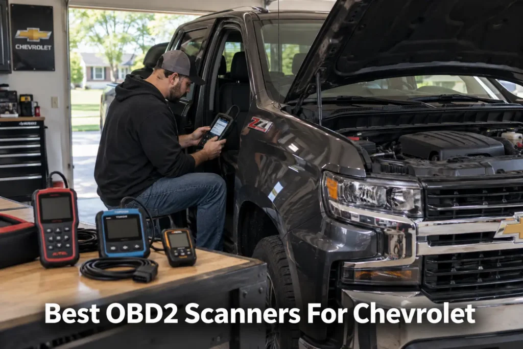 Technician using an OBD2 scanner on a Chevrolet truck in a garage with diagnostic tools on a workbench.